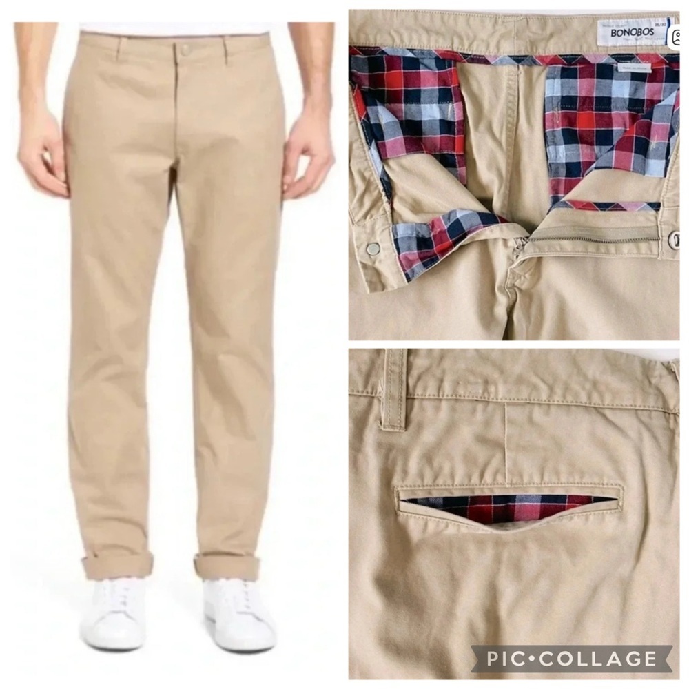 Bonobos Men’s Straight Fit Cotton Twill Chinos Khaki Plaid Accents 35x32